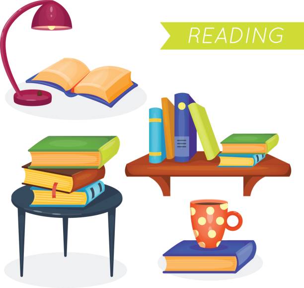ilustraciones, imágenes clip art, dibujos animados e iconos de stock de conjunto de diferentes libros - open book teaching table