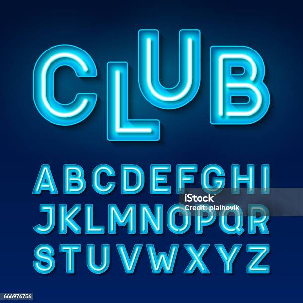 Night Club Vintage Style Neon Font Stock Illustration - Download Image Now - Three Dimensional, Neon Lighting, Alphabet