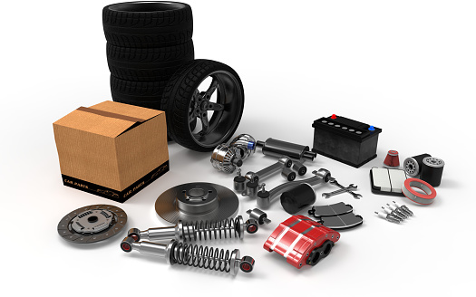 Car parts on background. Car parts box. 3D rendering.