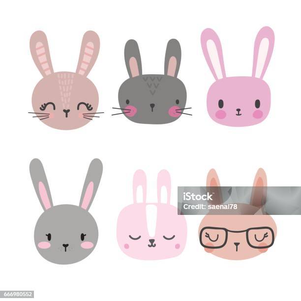 Set Of Cute Rabbits Funny Doodle Animals Little Bunny In Cartoon Style Stock Illustration - Download Image Now