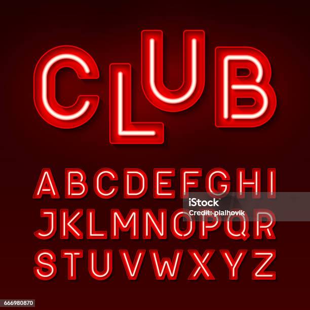 Night Club Vintage Style Neon Font Stock Illustration - Download Image Now - Neon Lighting, Alphabet, Typescript