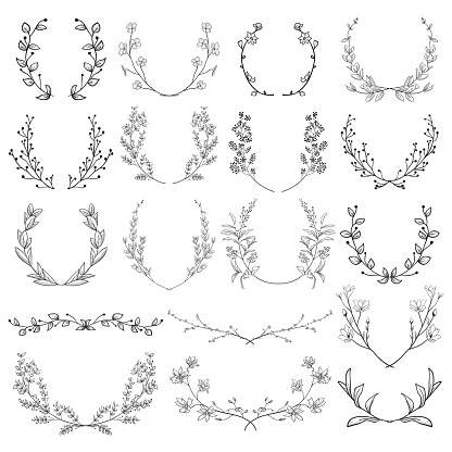 Black Hand Drawn Herbs, Plants and Flowers, Florals. Decorative Outlined Branches, Laurels, Brackets.Vector Illustration