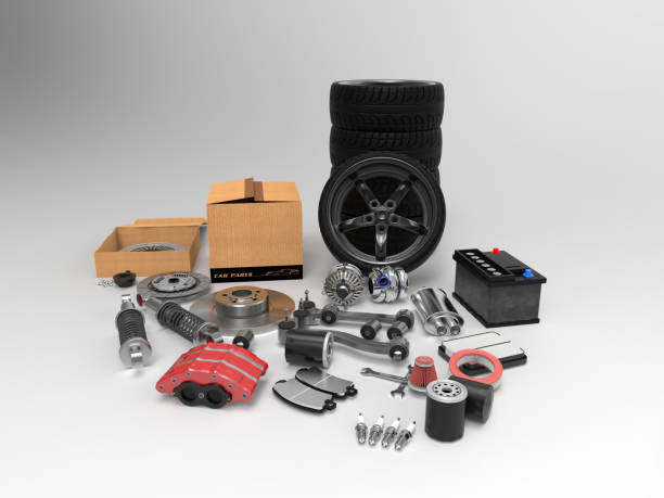 istock Car parts on background. Car parts box. 3D rendering. 666981118