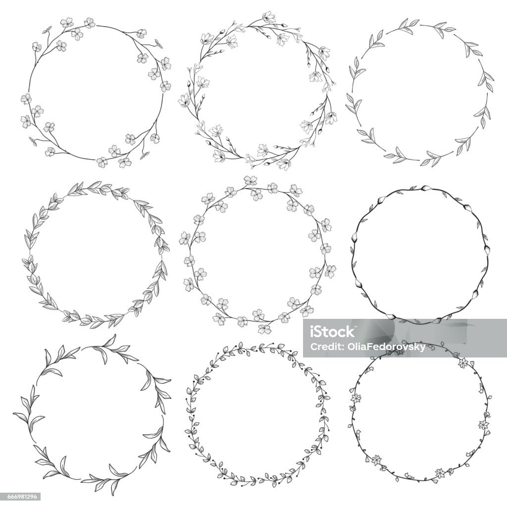 Wreaths, Branches, Laurels with Herbs, Plants and Flowers Set of 9 Black Hand Drawn Decorative Outlined Wreaths, Branches, Laurels with Herbs, Plants and Flowers, Florals. Vector Illustration Circle stock vector