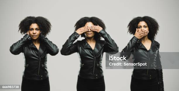 Montage Of A Real Woman Covering Her Eye Ears And Mouth Stock Photo - Download Image Now