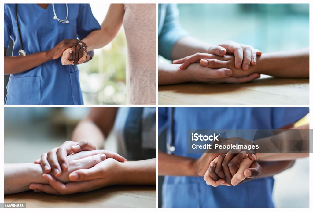 Help is at hand Composite image of a compassionate doctor holding a patient’s hand Holding Hands Stock Photo