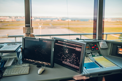 The control tower of Santander Airport, Spain, with differents instruments and screens.