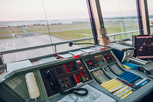 The control tower of Santander Airport, Spain, with differents instruments and screens.