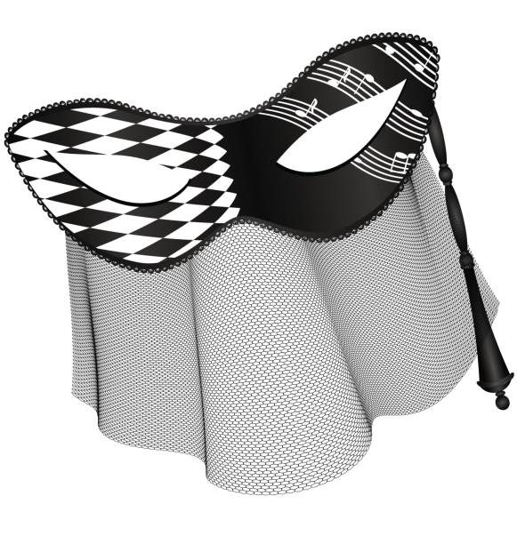 abstract black white mask and veil light background, black white carnival half mask with veil and stick flag half mast stock illustrations
