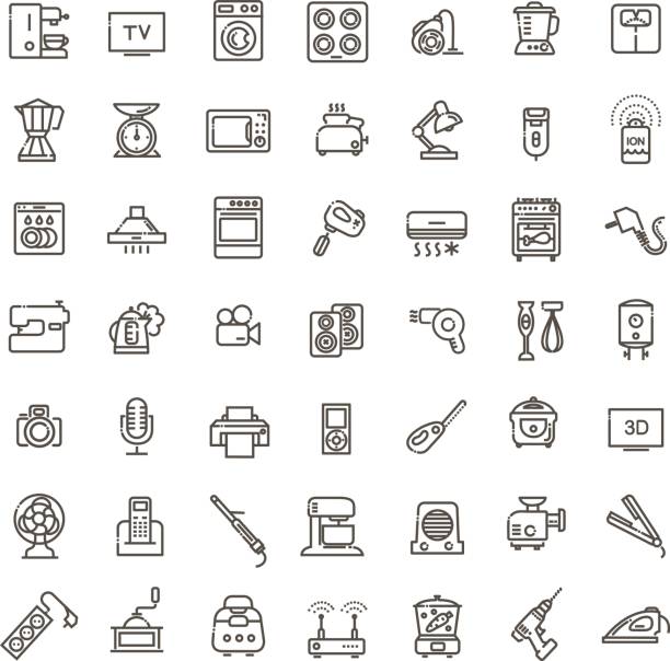 kolekcja ikon konspektu - urządzenia gospodarstwa domowego - industrial equipment audio stock illustrations