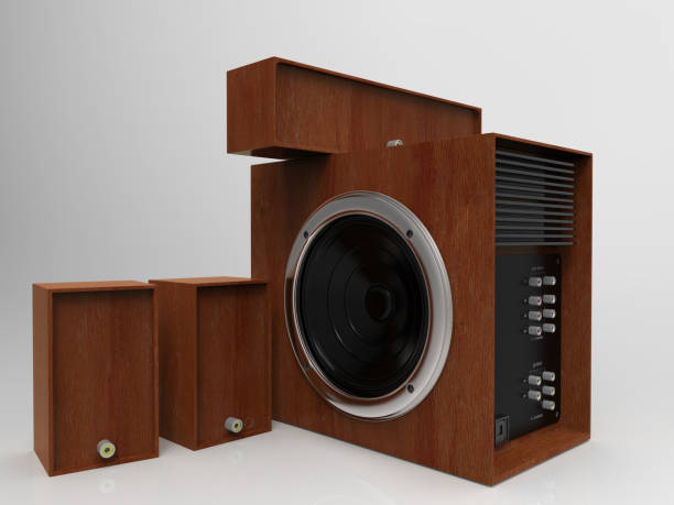 istock Wooden speakers on white background. 5.1 system. 3D rendering. 666999354