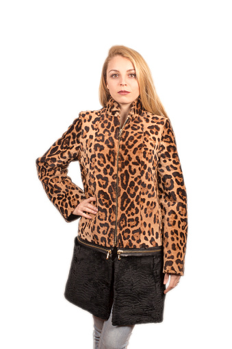Female model wearing leopardleather jacket