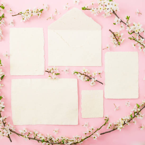 istock Spring flowers and calligraphy cards on pink background. Flat lay, top view. 667005738