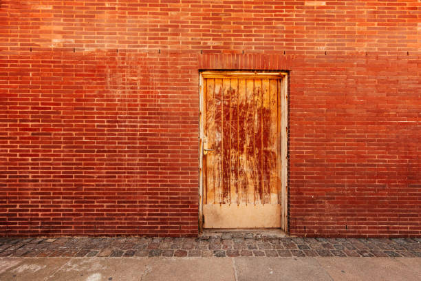istock Backdoor, old weathered door and brick wall 667006484