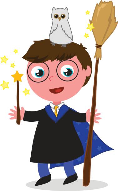 illustrazioni stock, clip art, cartoni animati e icone di tendenza di vettore ragazzo mago dei cartoni animati - wizard magic broom stick