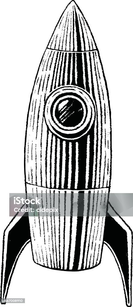 Vectorized Ink Sketch of a Rocket Vector Illustration of a Scratchboard Style Ink Drawing of a Striped Rocket Engraved Image stock vector