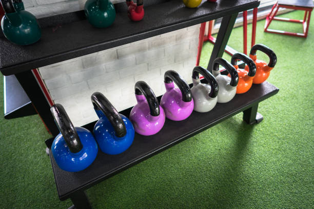 istock Colorful kettlebells in gym 667009700