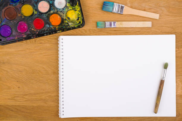 istock Old box with watercolors and brushes on wooden background 667012194