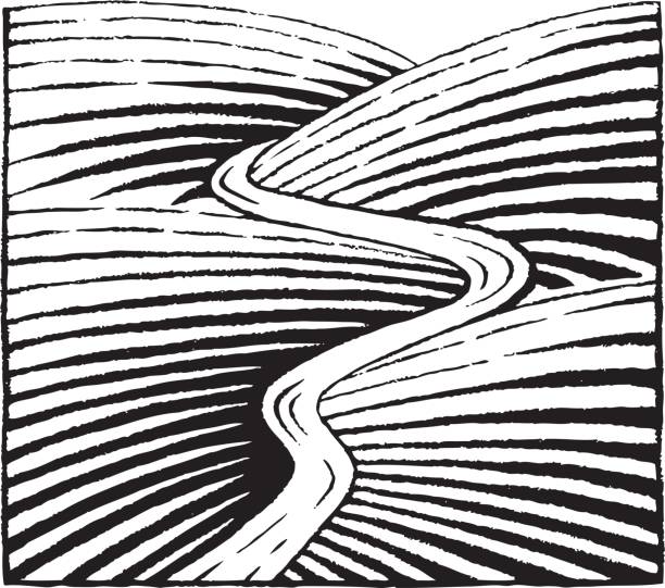 ilustraciones, imágenes clip art, dibujos animados e iconos de stock de dibujo de tinta vectorizada de río y las colinas - engraving pattern engraved image striped