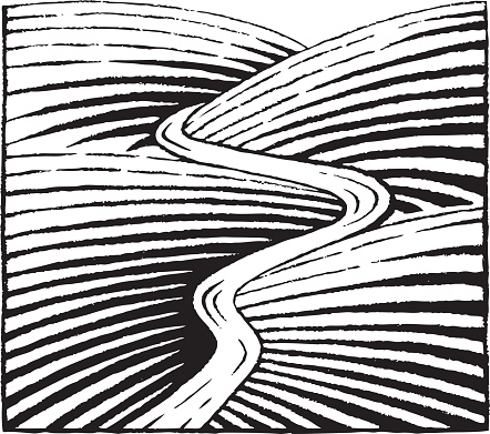Vector Illustration of a Scratchboard Style Ink Drawing of Hills and River