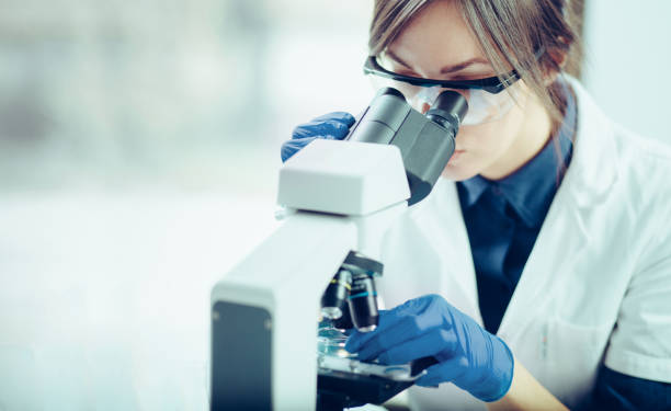 joven científico mirando a través de un microscopio en un laboratorio. joven científico haciendo algunas investigaciones. - women scientist indoors science fotografías e imágenes de stock