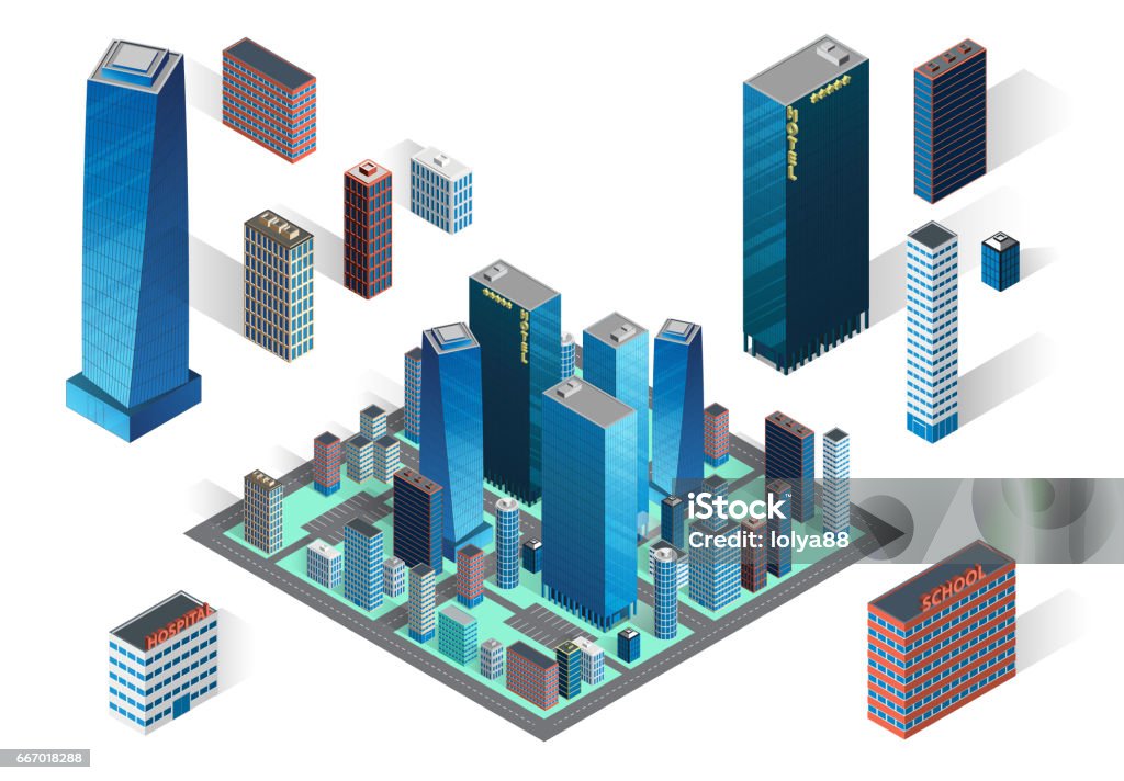Vector isometric buildings set Vector illustration. Modern district. Big city street isometric buildings. Skyscrapers icons on white background. Hotel, business center and houses. City Of Los Angeles stock vector
