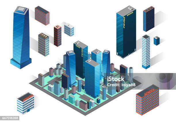 Vector Isometric Buildings Set Stock Illustration - Download Image Now - City Of Los Angeles, Isometric Projection, Architectural Model