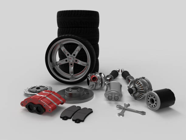 istock Car parts on background. Car parts box. 3D rendering. 667024624
