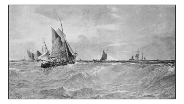 istock Antique photo of paintings: Ship in sea 667024994
