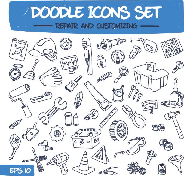 ilustraciones, imágenes clip art, dibujos animados e iconos de stock de conjunto de iconos de doodle - reparación y personalización de - screwdriver isolated blue work tool