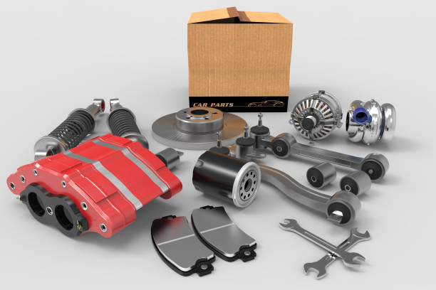 istock Car parts on background. Car parts box. 3D rendering. 667027894