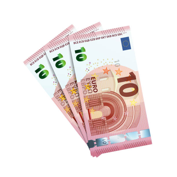 Thirty euro in bundle of banknotes of 10 euro isolated on white Thirty euro in bundle of banknotes of 10 euro isolated on white banknote euro close up stock illustrations