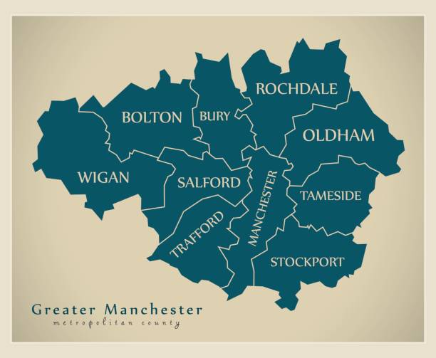ilustrações, clipart, desenhos animados e ícones de moderno mapa - maior manchester metropolitan condado de uk - grande manchester