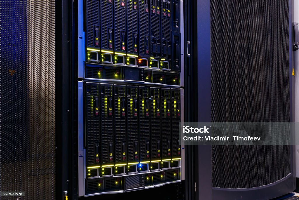 Modern Computer Server In Rack Closeup Stock Photo - Download Image Now ...