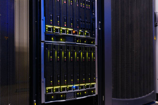 modern computer server in rack  close-up - unix imagens e fotografias de stock