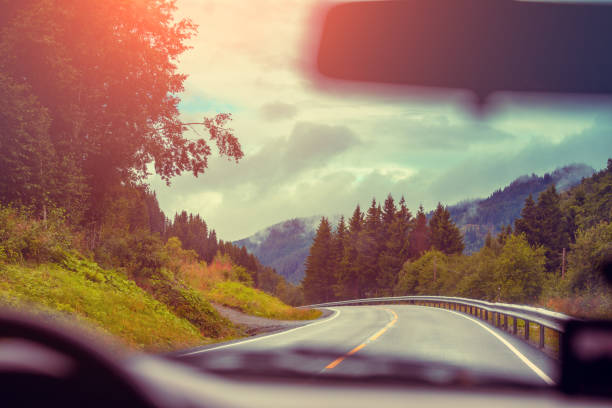 вид с ветрового стекла. вождение автомобиля по горной дороге. природа норвегии - road autumn highway rain стоковые фото и изображения