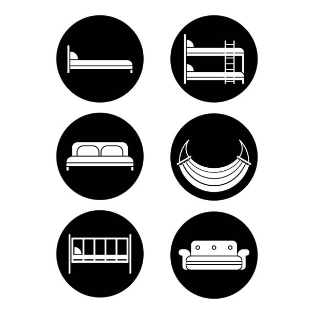 Children bed, soft sofa, double bedstead , two-story doss, summer hammock Six black round icons of bed silhouettes graphic design isolated on white. Vector illustration of children bed, soft sofa, double bedstead front and side view, two-story doss, summer hammock. bed frame stock illustrations
