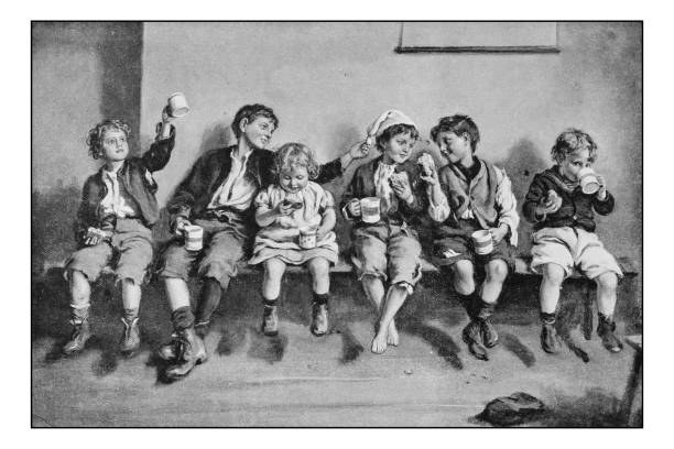 Antique dotprinted photo of paintings: Children eating