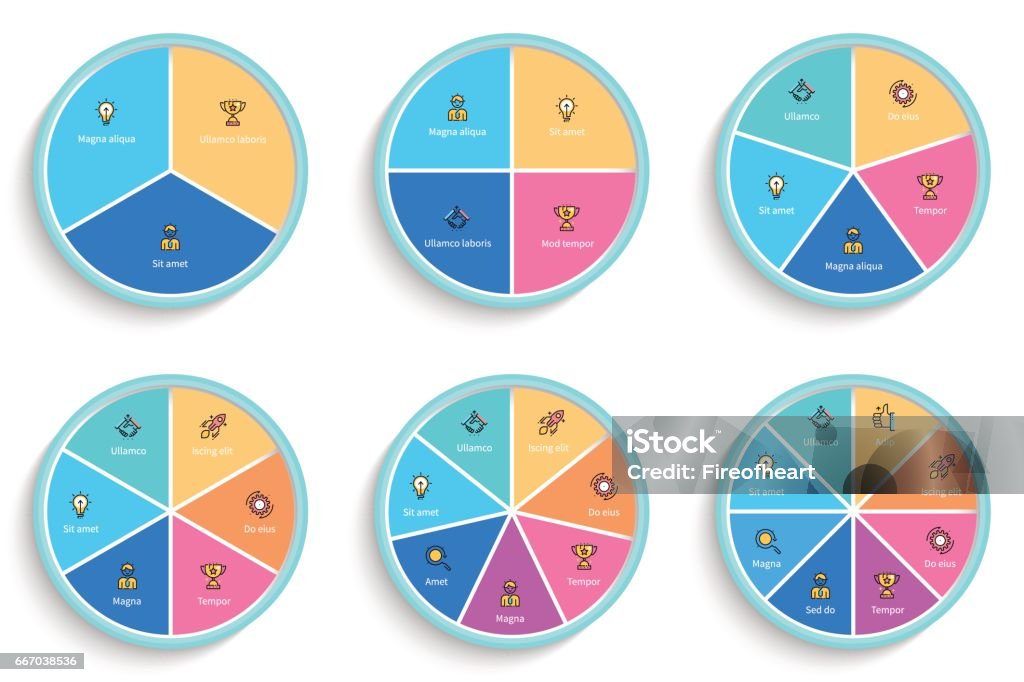 Infografías negocios. Gráficos con 3, 4, 5, 6, 7, 8 pasos, secciones. - arte vectorial de Diagrama circular libre de derechos