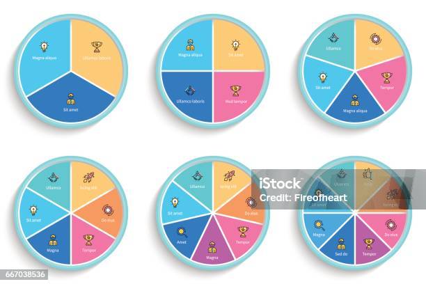 Business Infographics Pie Charts With 3 4 5 6 7 8 Steps Sections - Arte vetorial de stock e mais imagens de Gráfico Redondo