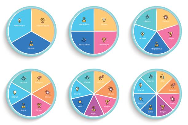 деловая инфографика. пирог диаграммы с 3, 4, 5, 6, 7, 8 шагов, разделов. - six objects no people small group of objects group of objects stock illustrations