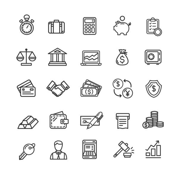 Banking and Accounting Icon Black Thin Line Set. Vector Banking and Accounting Icon Black Thin Line Set for Commerce and Business. Vector illustration piggy bank calculator stock illustrations