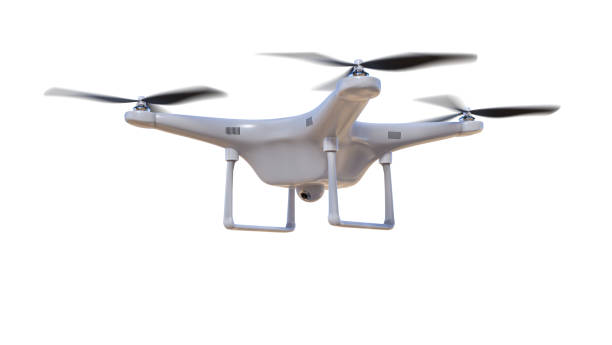 Flying drone isolated on white background. 3D rendered illustration. Flying drone isolated on white background. 3D rendered illustration. drone illustrations stock illustrations
