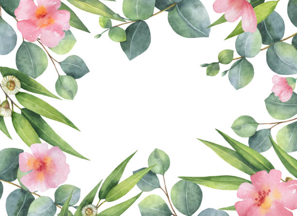 istock Watercolor hand painted square wreath with green eeucalyptus and pink flowers. 667043564