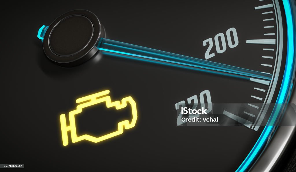 Engine malfunction warning light control in car dashboard. 3D rendered illustration. Engine stock illustration