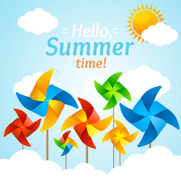 Wind Mill Hello Summer Concept Card. Vector Wind Mill Hello Summer Concept Card Windmill on a Blue Sky Background. Vector illustration colorful paper windmill toy stock illustrations