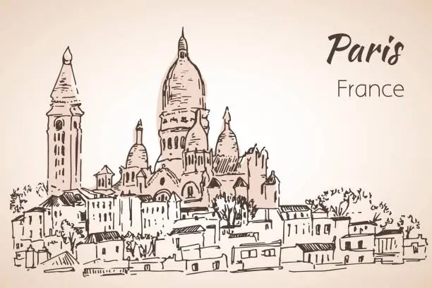 Vector illustration of Paris cityspace. Basilica of The Rite-Heart on Montmartre. sketch.