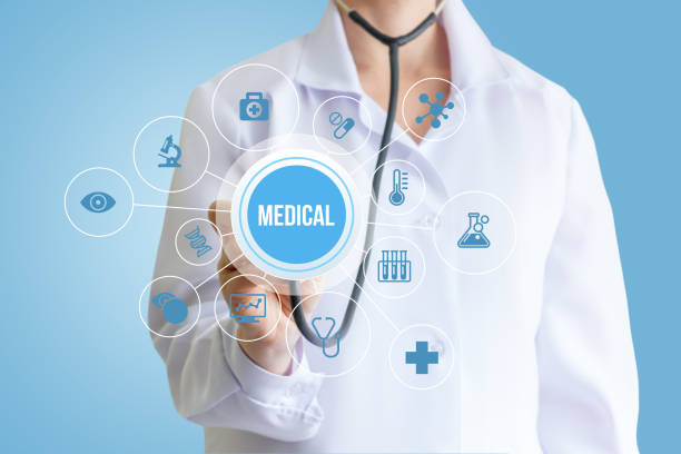 istock Doctor hand with stethoscope medical word . 667050626