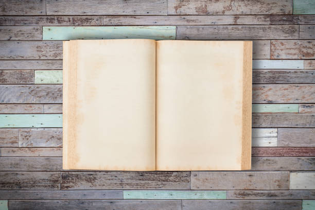istock Old blank book open on the wood table 667050890