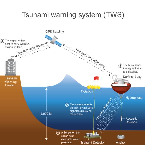 Tsunami warning system. Vector graphic. A tsunami warning system (TWS) is used to detect tsunamis in advance and issue warnings to prevent loss of life and damage. It is made up of two equally important components: a network of sensors to detect tsunamis and a communications infrastructure to issue timely alarms to permit evacuation of the coastal areas. Vector graphic. 2004 indian ocean earthquake and tsunami stock illustrations